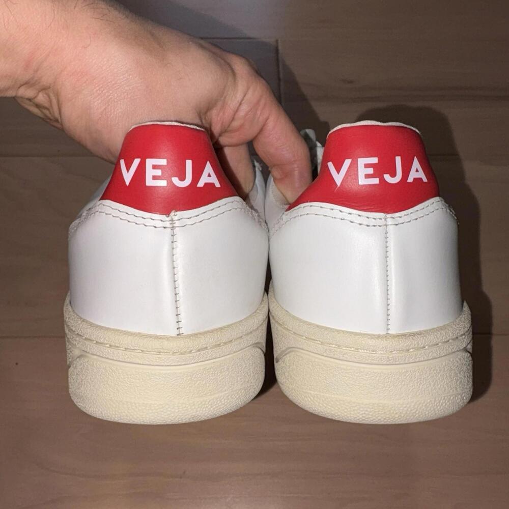 Veja V-10 Leather Sneaker in White with Navy V and Red Heel - Picture 6 of 8